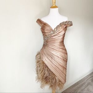 Ysa Makino Rose Gold One-Shoulder Feather Hem Cocktail Dress